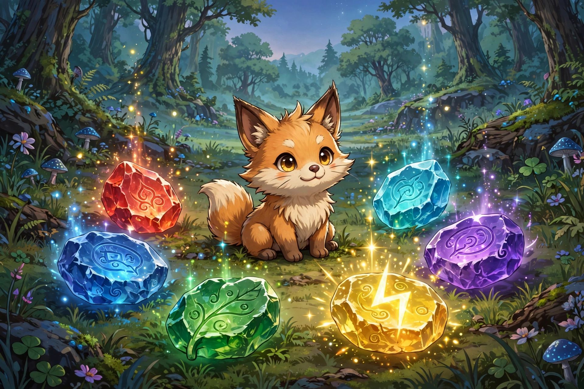 Eevee surrounded by glowing evolution stones