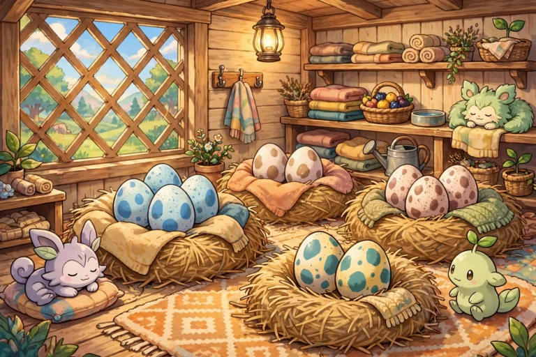 Cozy daycare room with spotted eggs resting in straw nests