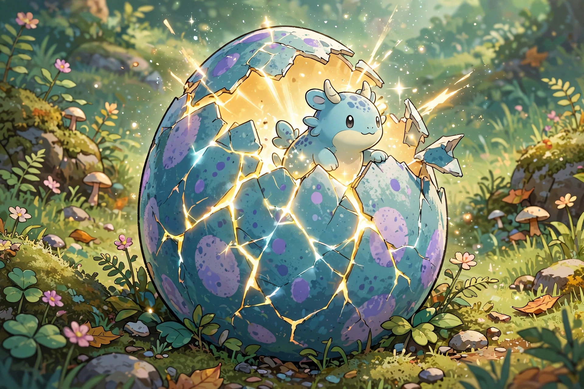 Spotted Pokemon egg cracking open with glowing golden light