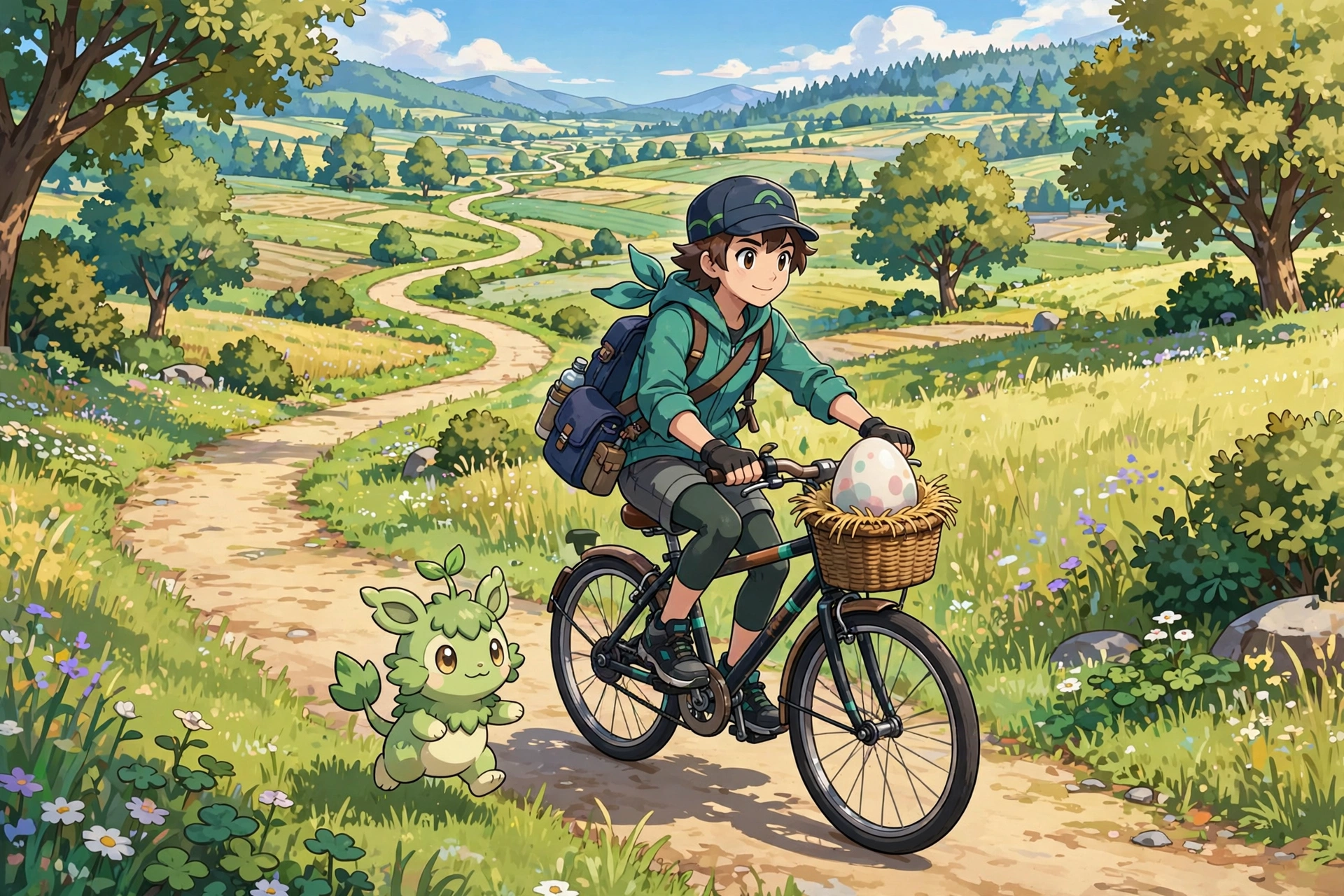 Trainer cycling along a scenic path carrying a Pokemon egg