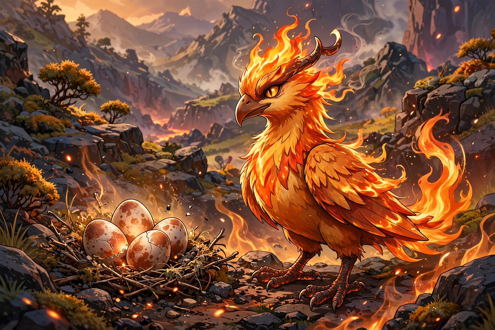 Fiery bird creature warming a nest of spotted eggs