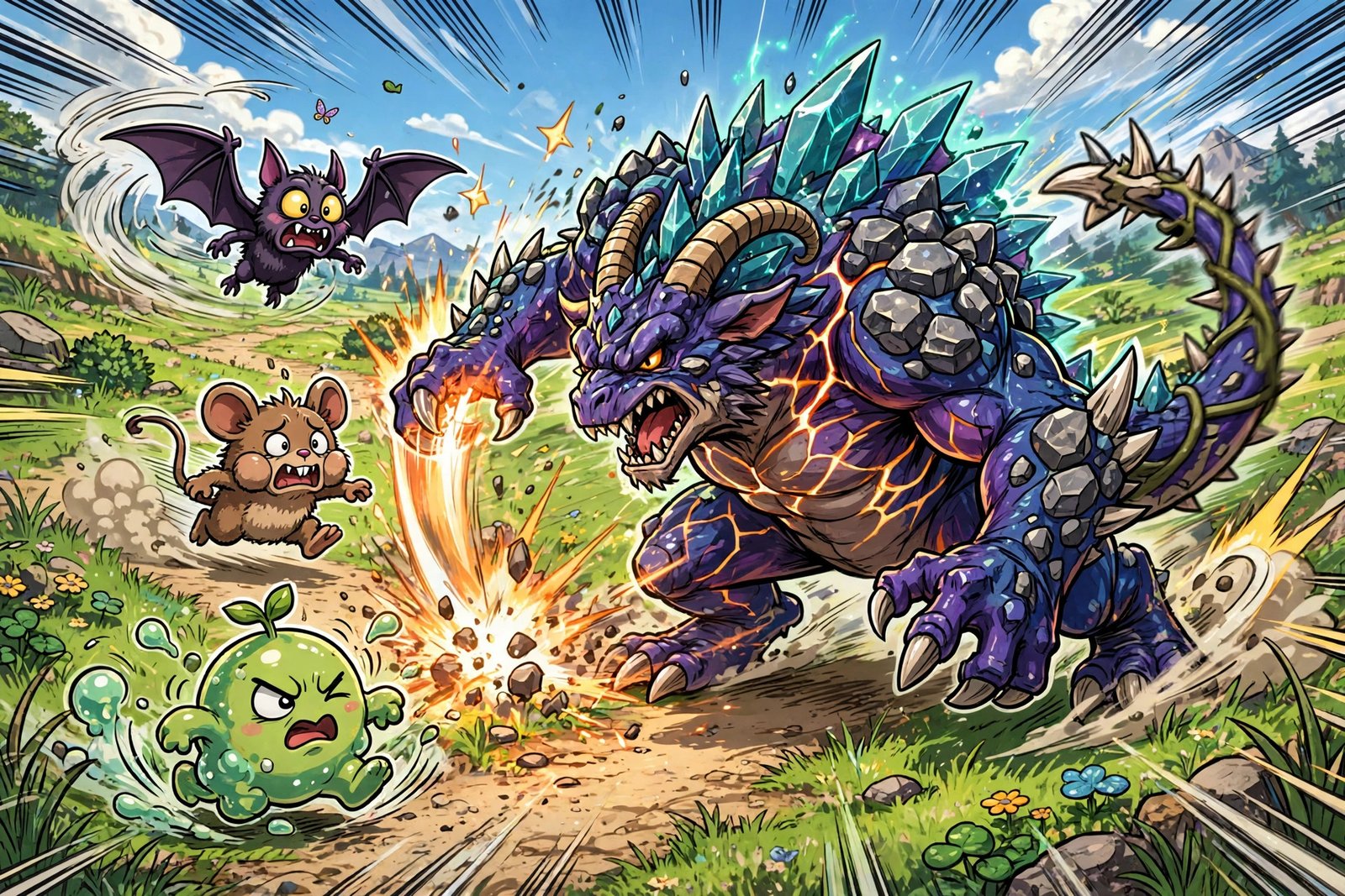 Fused monster battling wild monsters on a grassy route for EVs