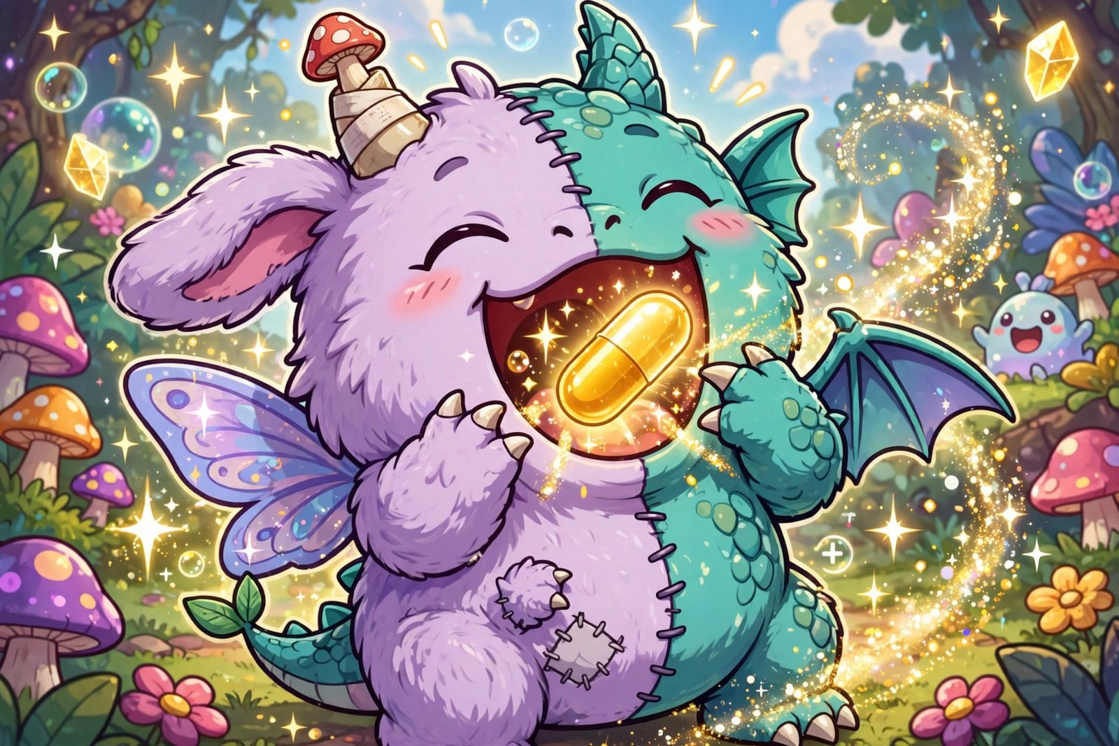 Fused monster taking a glowing vitamin capsule for EV training