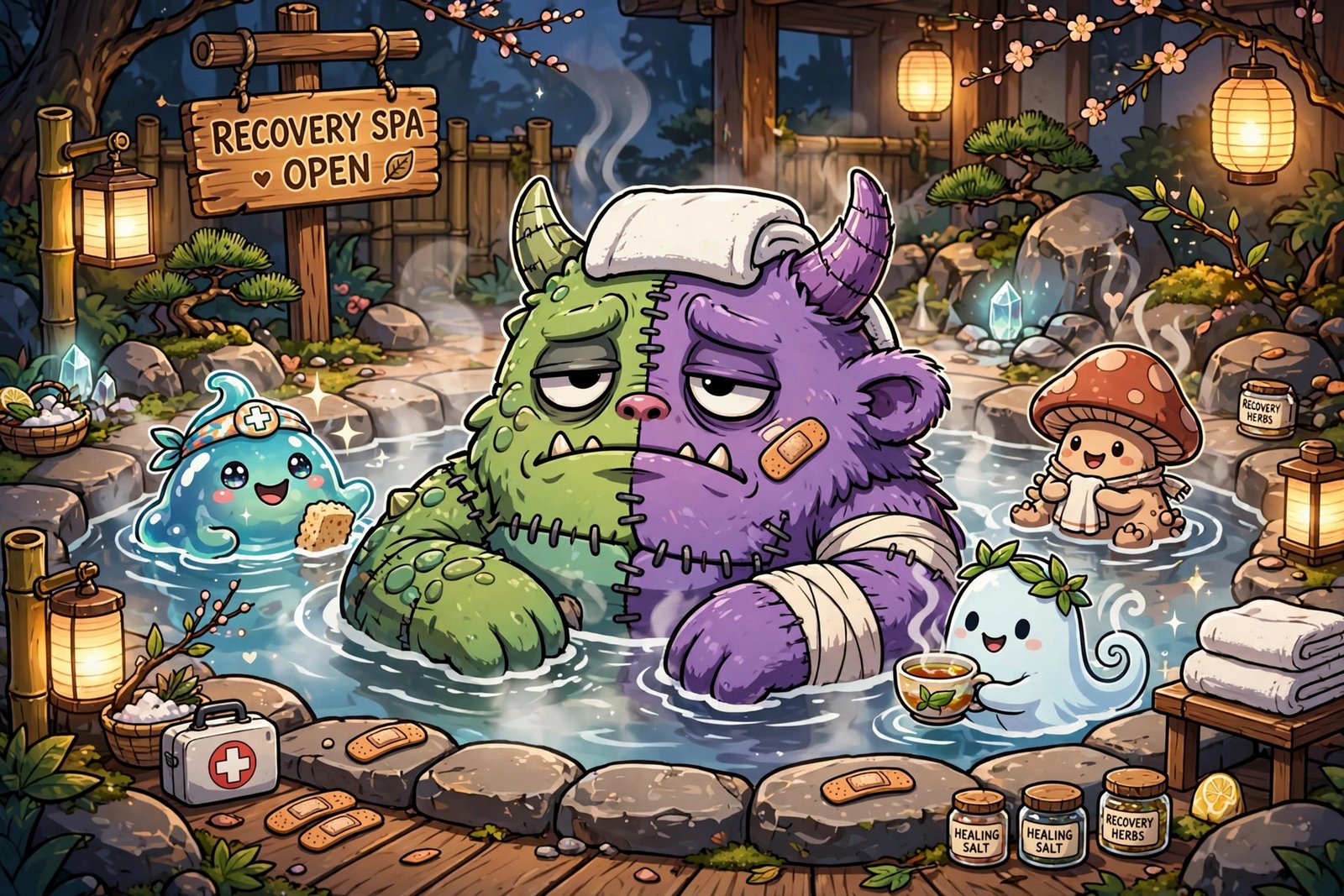 Tired fused monster recovering in hot spring spa after EV training