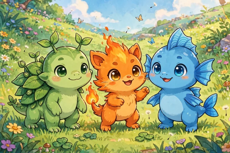 Three starter creatures grass fire water standing together in meadow