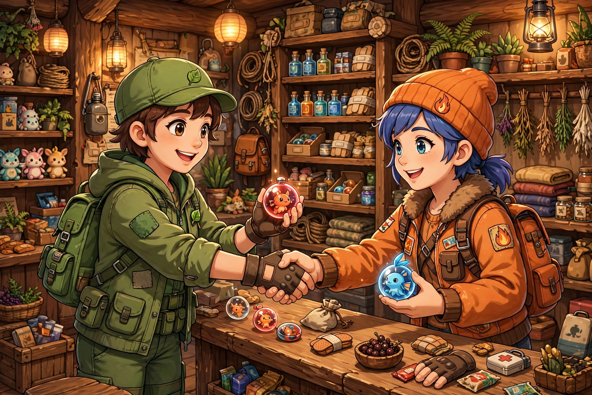 Trainers trading Pokemon at Pokemon Center counter