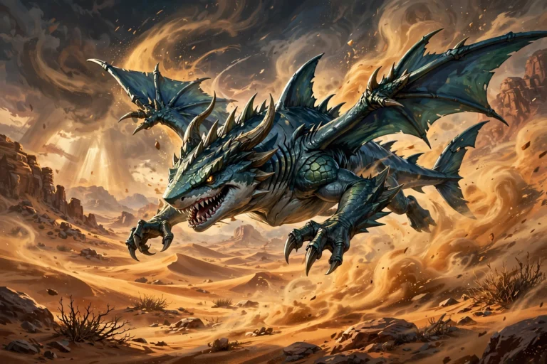 Fierce dragon-shark creature flying through a desert sandstorm