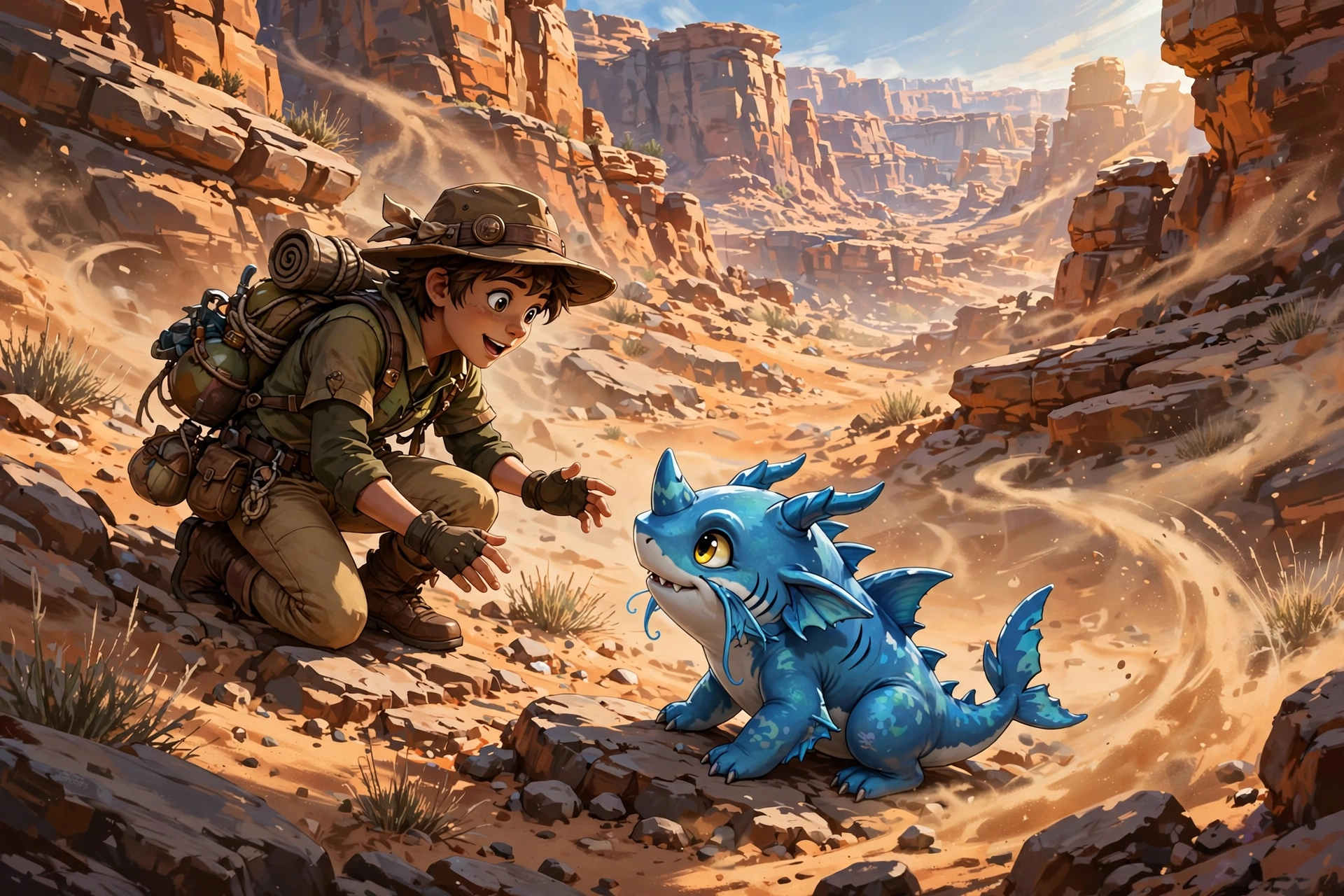 Trainer discovering a small blue shark-dragon in a rocky canyon