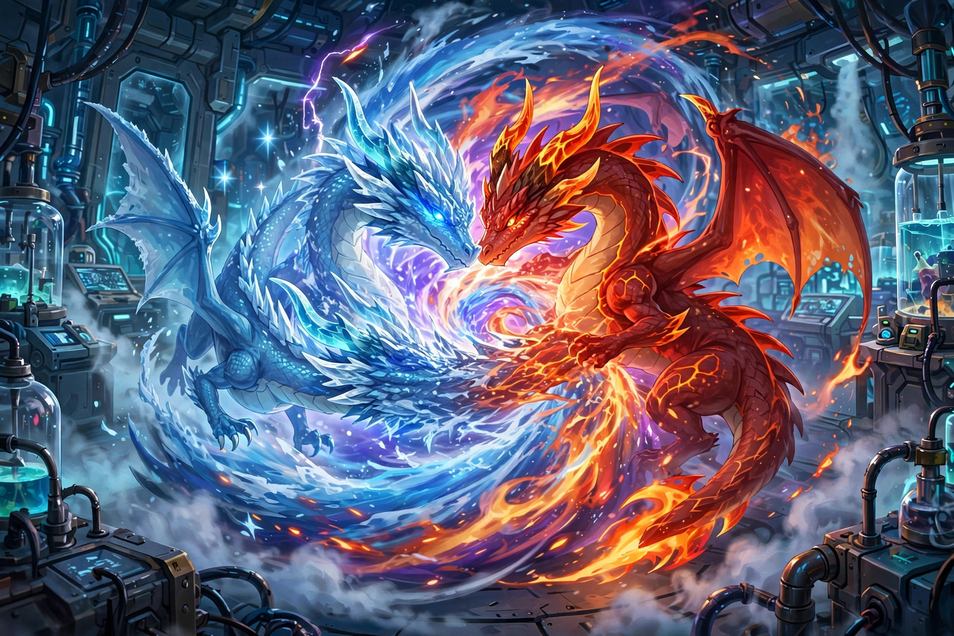 Two dragon creatures fusing inside a glowing energy vortex