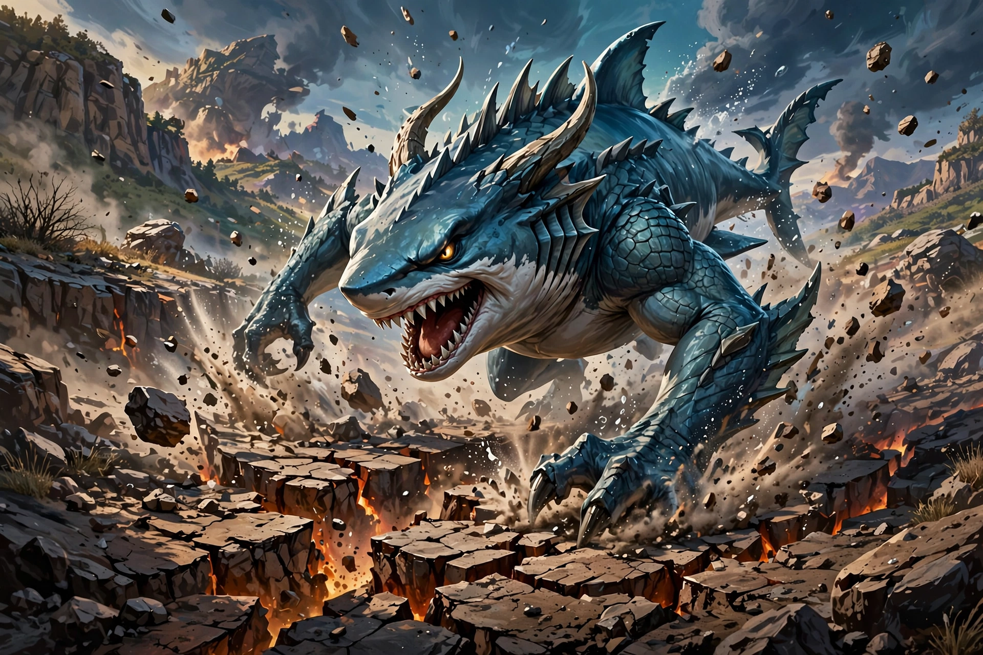 Shark-dragon creature triggering an earthquake that cracks the ground