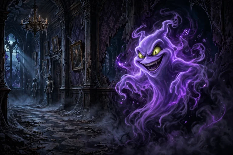 Gengar emerging from shadows in haunted mansion hall