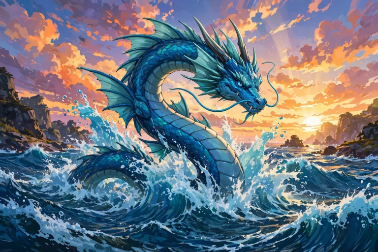 Gyarados bursting from ocean waves at sunset, fan art