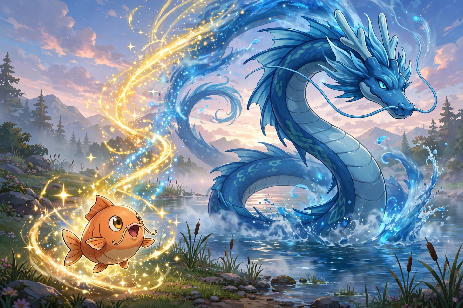 Magikarp evolving into Gyarados above the ocean water