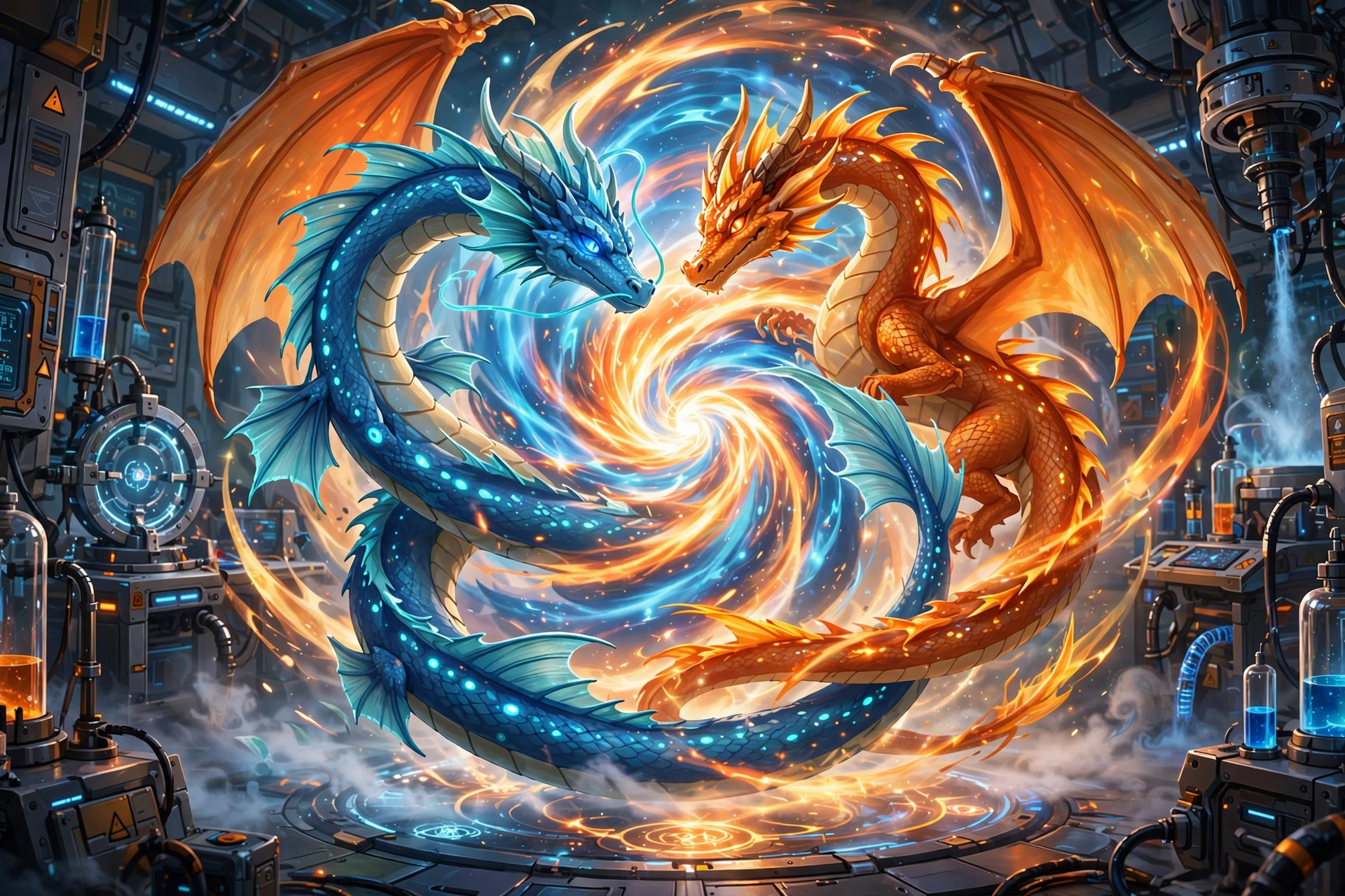 Gyarados and Dragonite merging in a fusion energy vortex