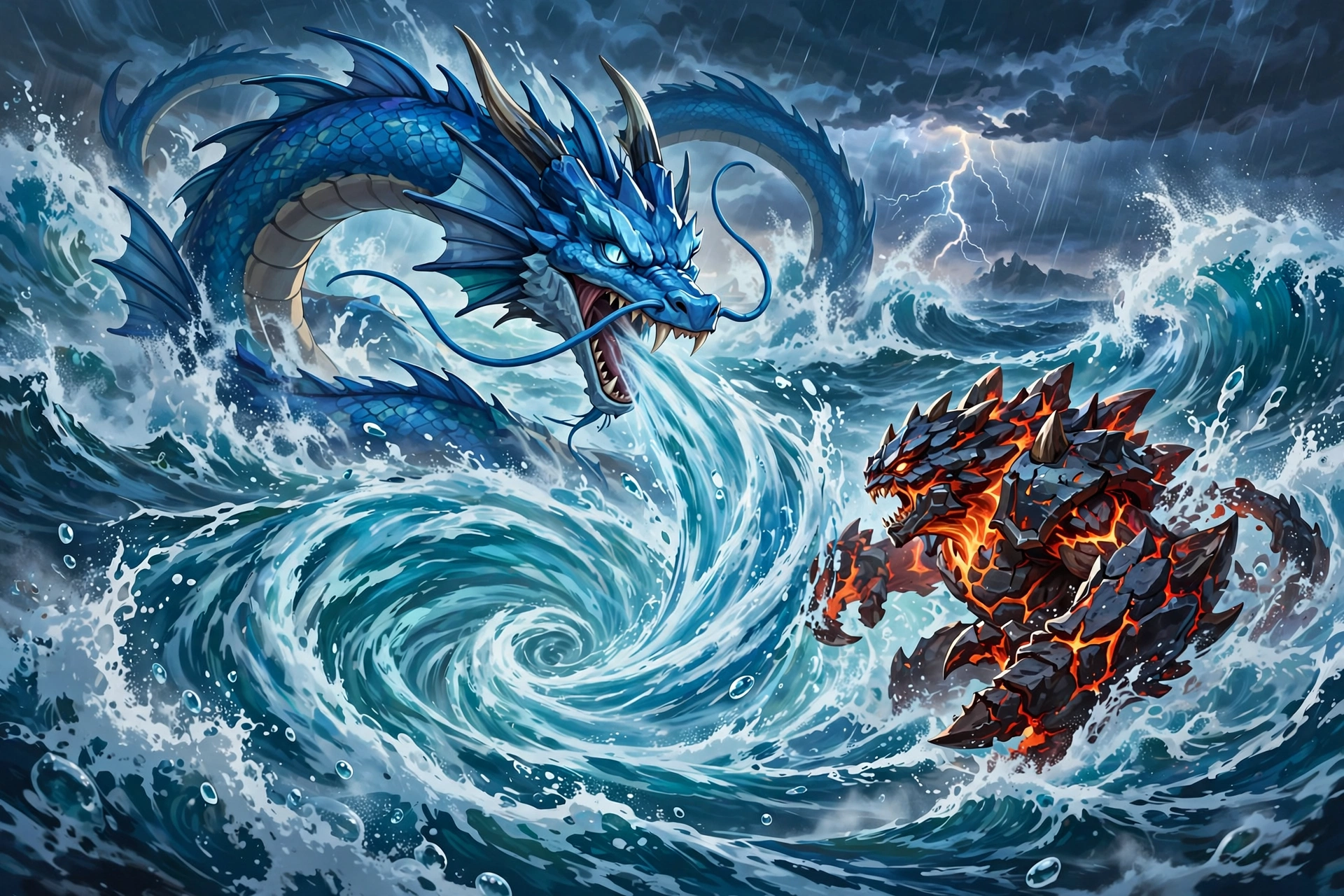 Gyarados battling in stormy ocean waves, fan art