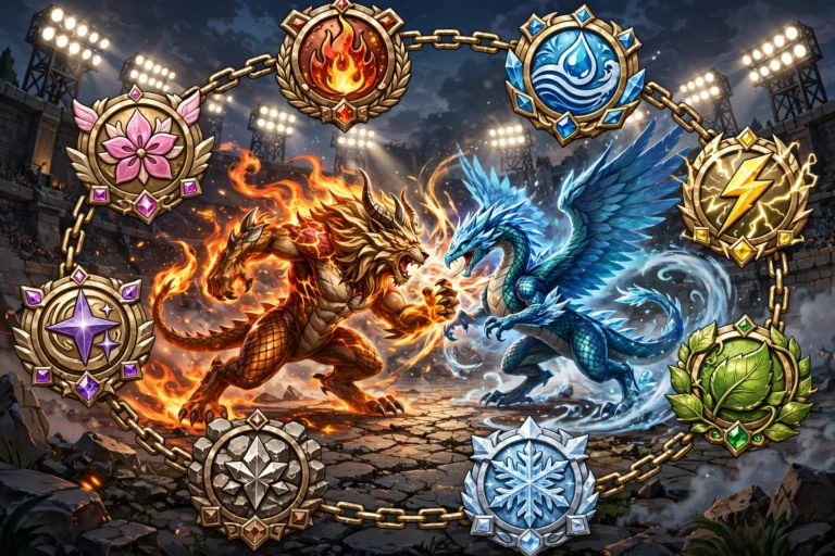 Gym badges circling dramatic fused creature battle in arena