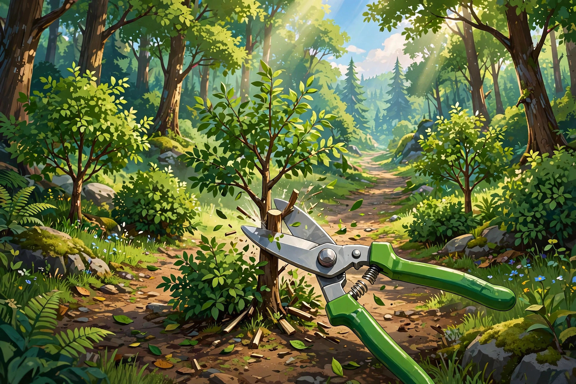 Garden shears cutting small trees blocking a forest path