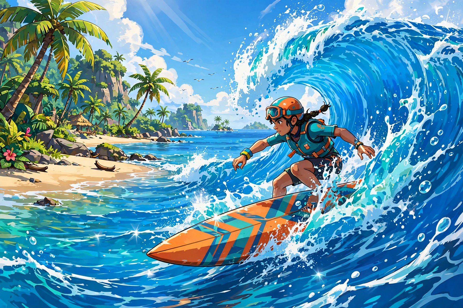 Surfer riding surfboard across ocean waves near tropical beach