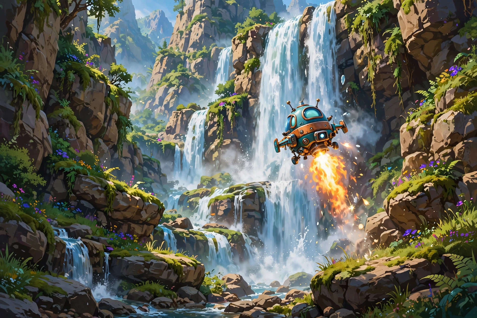 Jetpack gadget climbing up a tall waterfall in rocky canyon