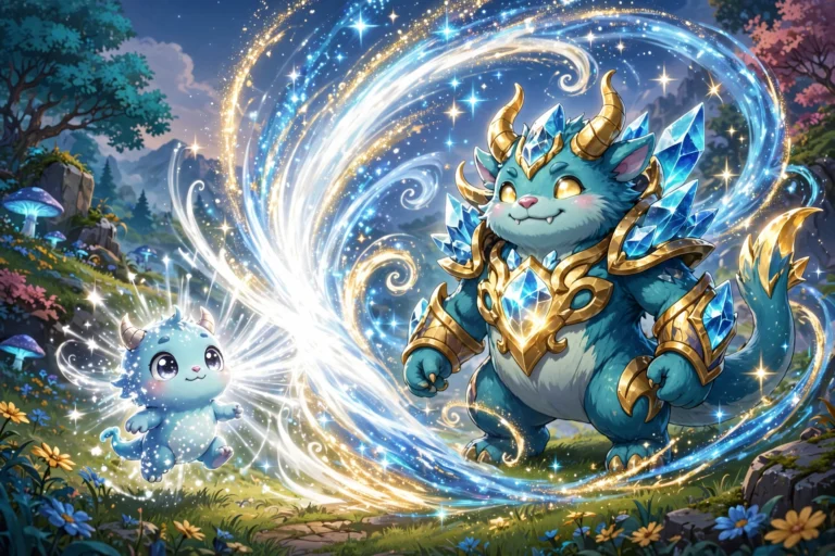 Cartoon monster glowing white as it evolves into a bigger fused creature