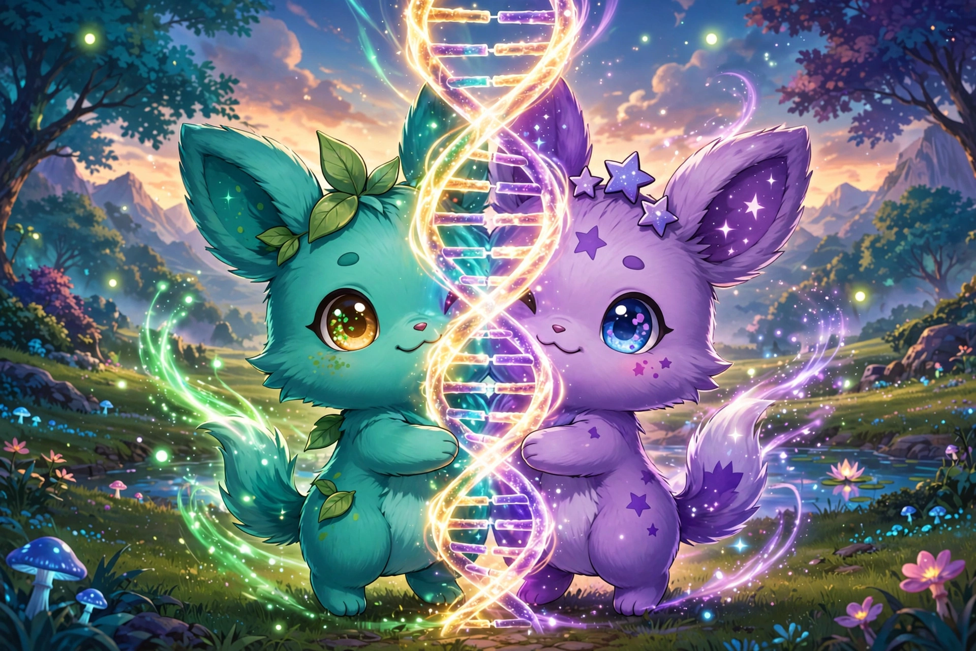 Two small creatures merging with glowing DNA helix energy between them