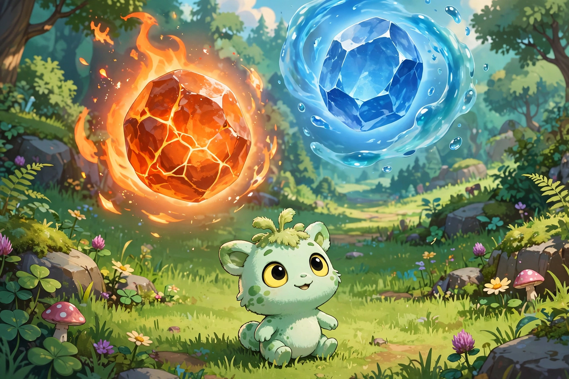 Glowing fire and water evolution stones floating above a small creature