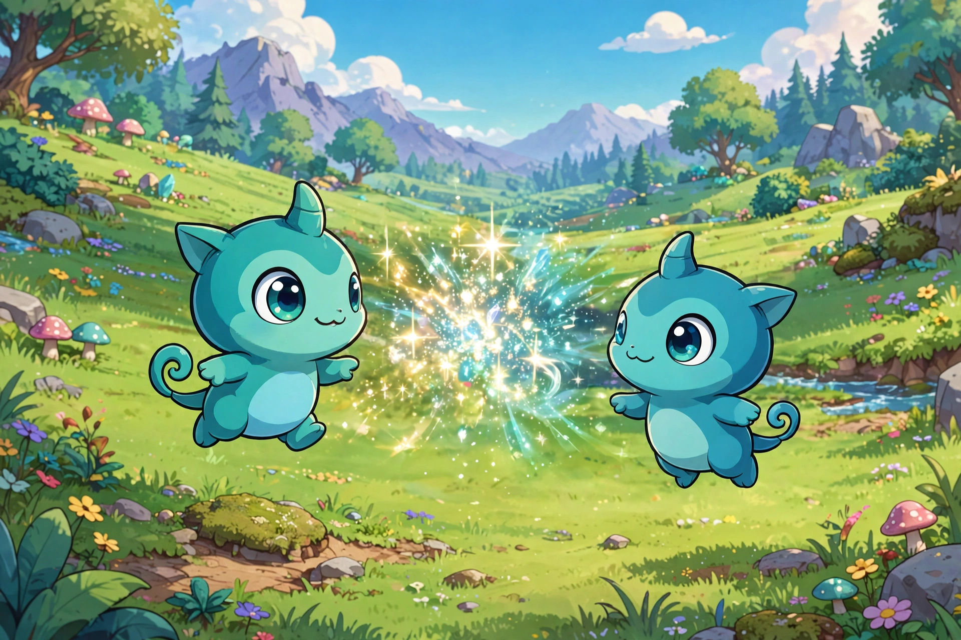 Cartoon creature splitting back into two separate smaller creatures