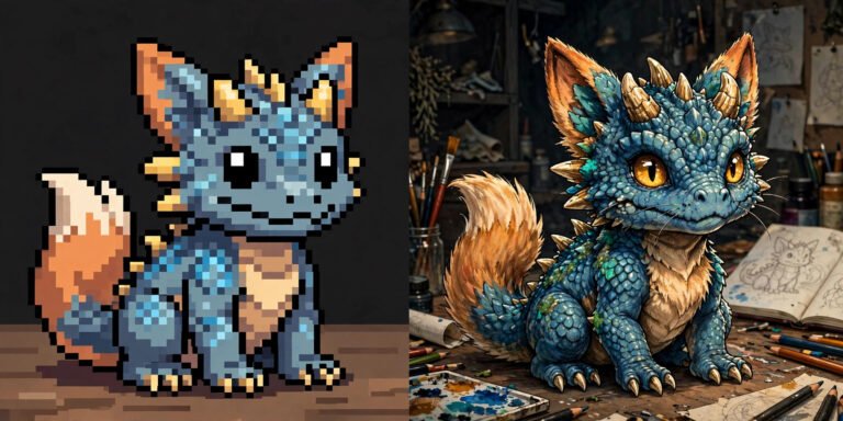 Pixelated auto-generated fusion creature beside detailed hand-drawn custom sprite version