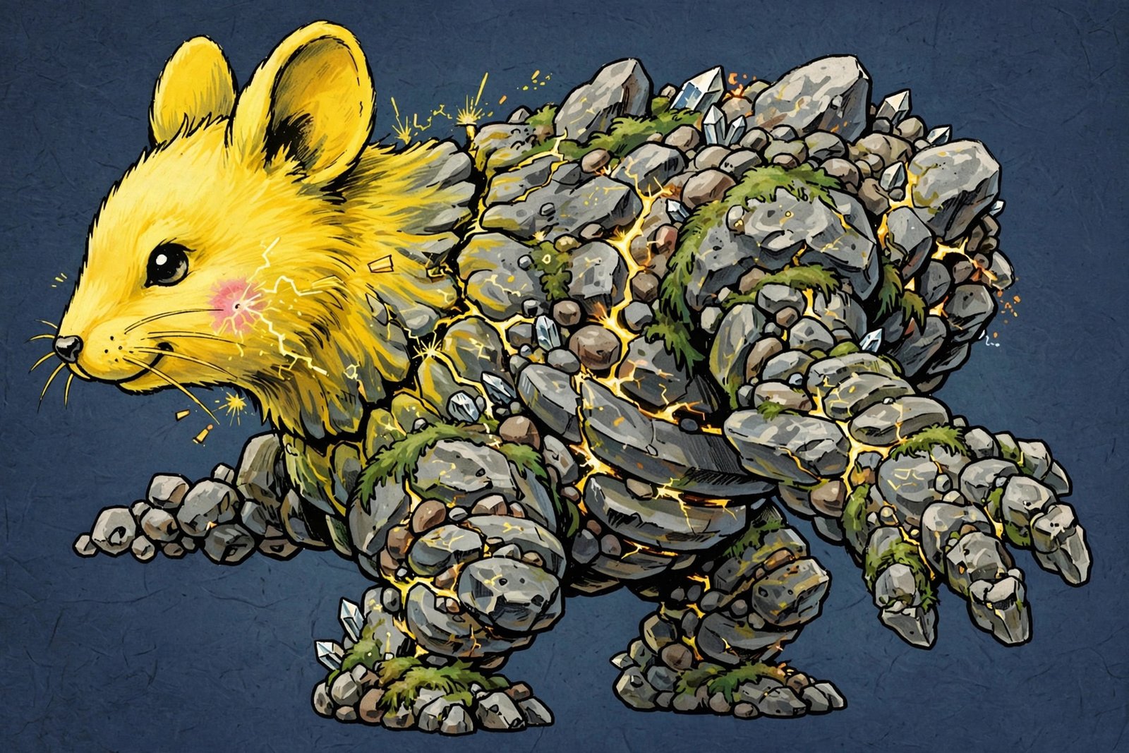 Yellow electric mouse head fused onto rocky gray ground golem body
