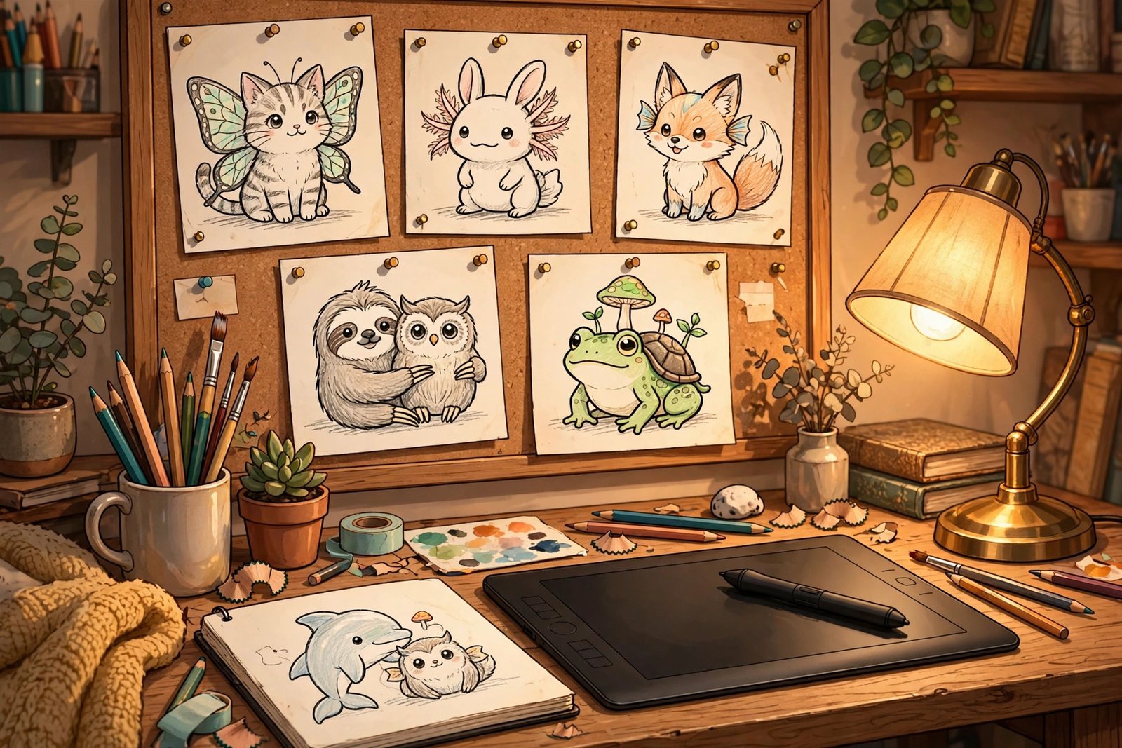 Artist studio desk with hybrid creature fusion sketches on corkboard