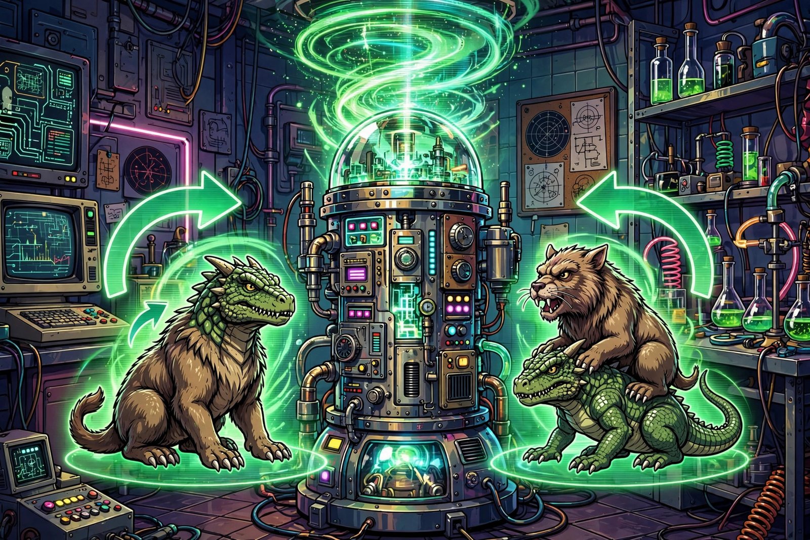 Glowing fusion machine projecting green hologram with head body swap arrows