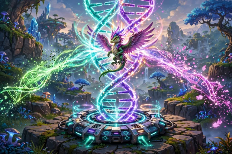 DNA splicer device fusing two creatures with glowing energy beams