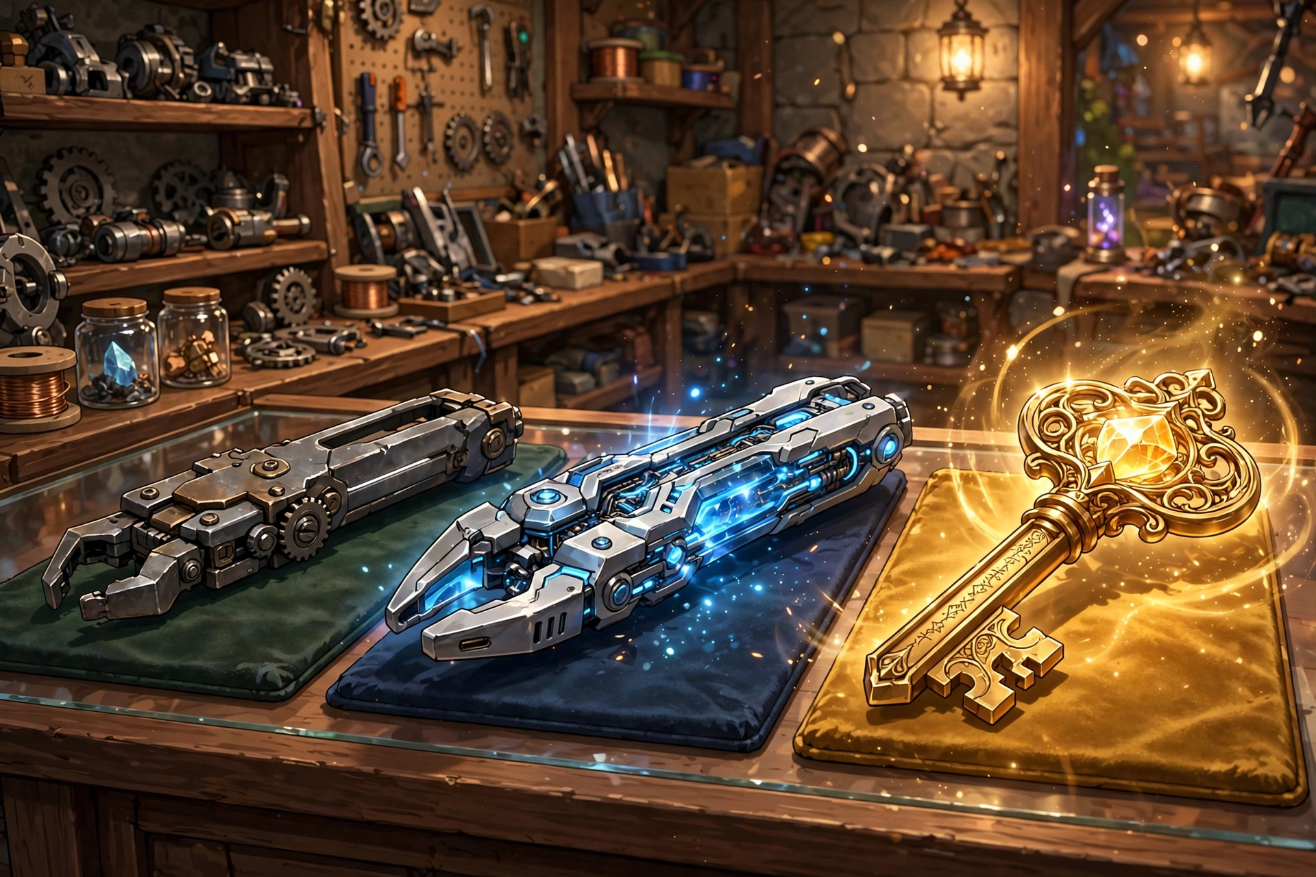 Three splicer tools displayed on a shop counter glowing softly