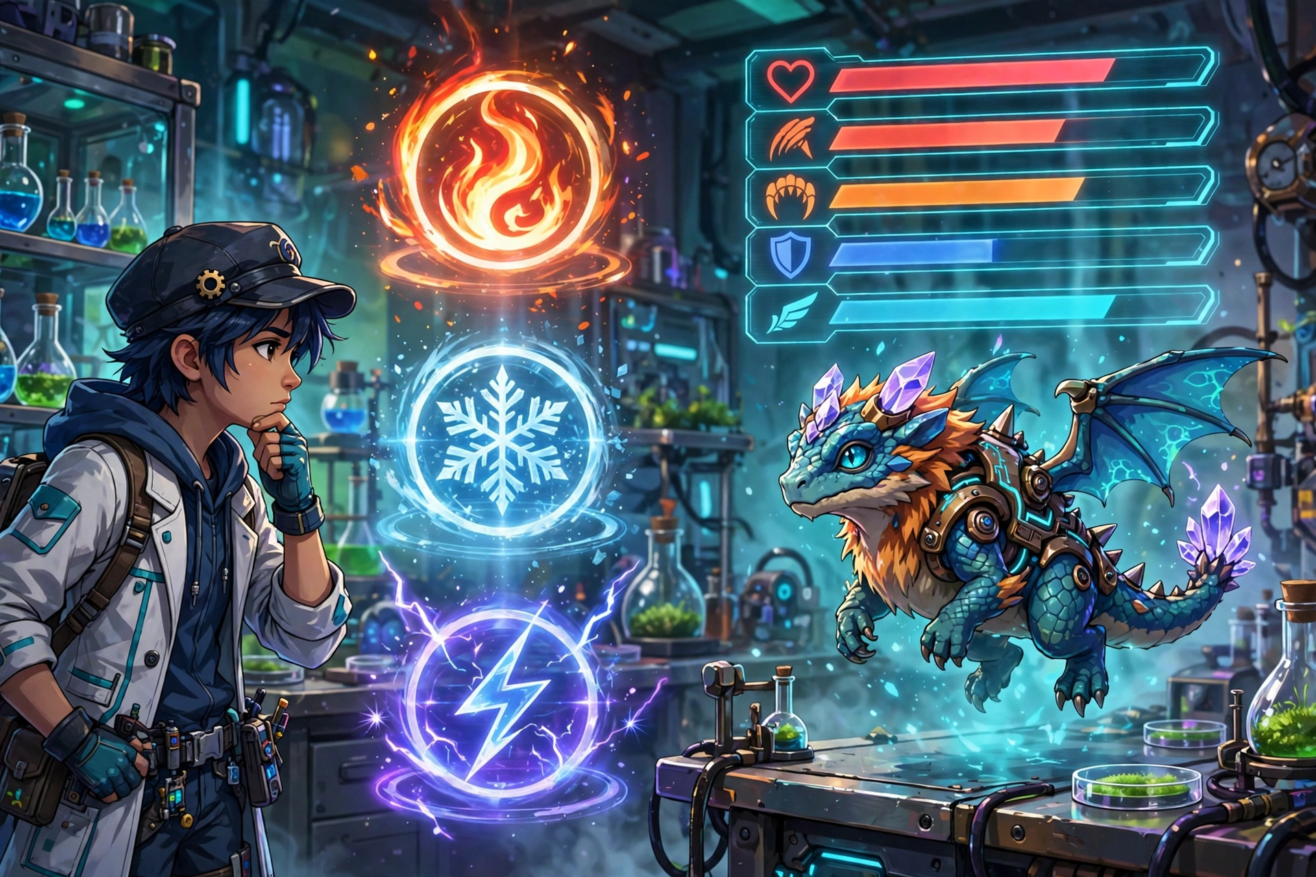 Trainer choosing abilities and stats for a fused creature