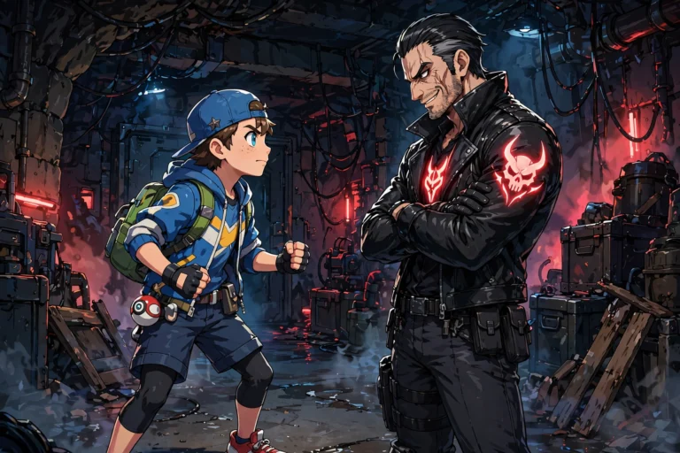 Young trainer facing criminal team boss in dark hideout