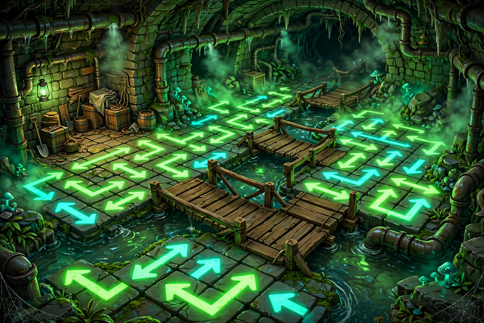 Underground sewer hideout with arrow tile maze and bridges