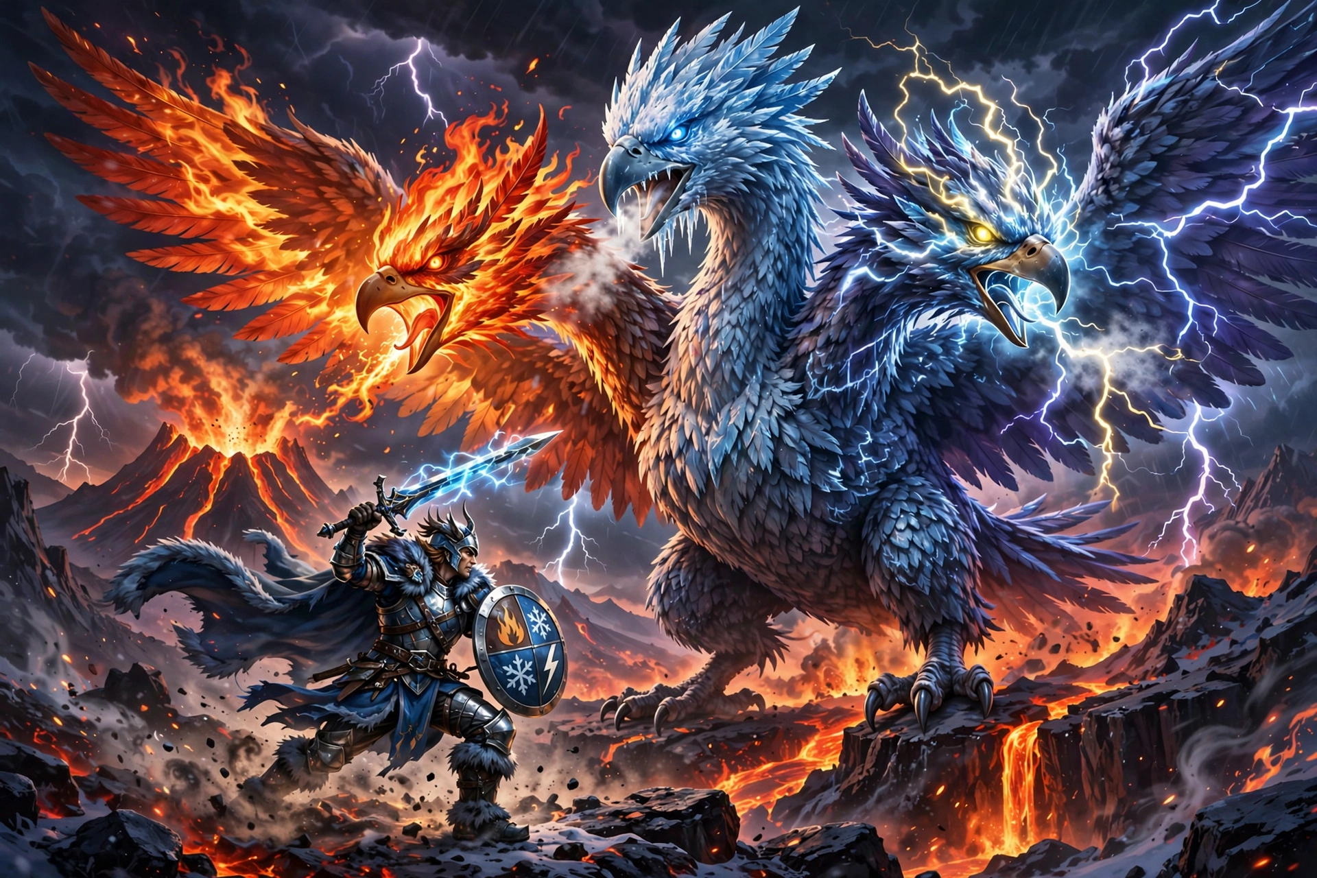 Three headed legendary bird creature of fire ice lightning