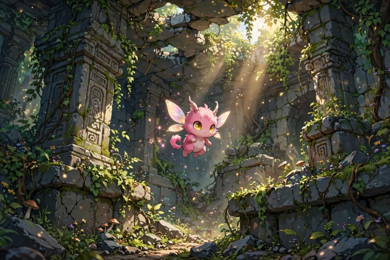 Pink mythical creature hovering inside ancient moss-covered stone ruins