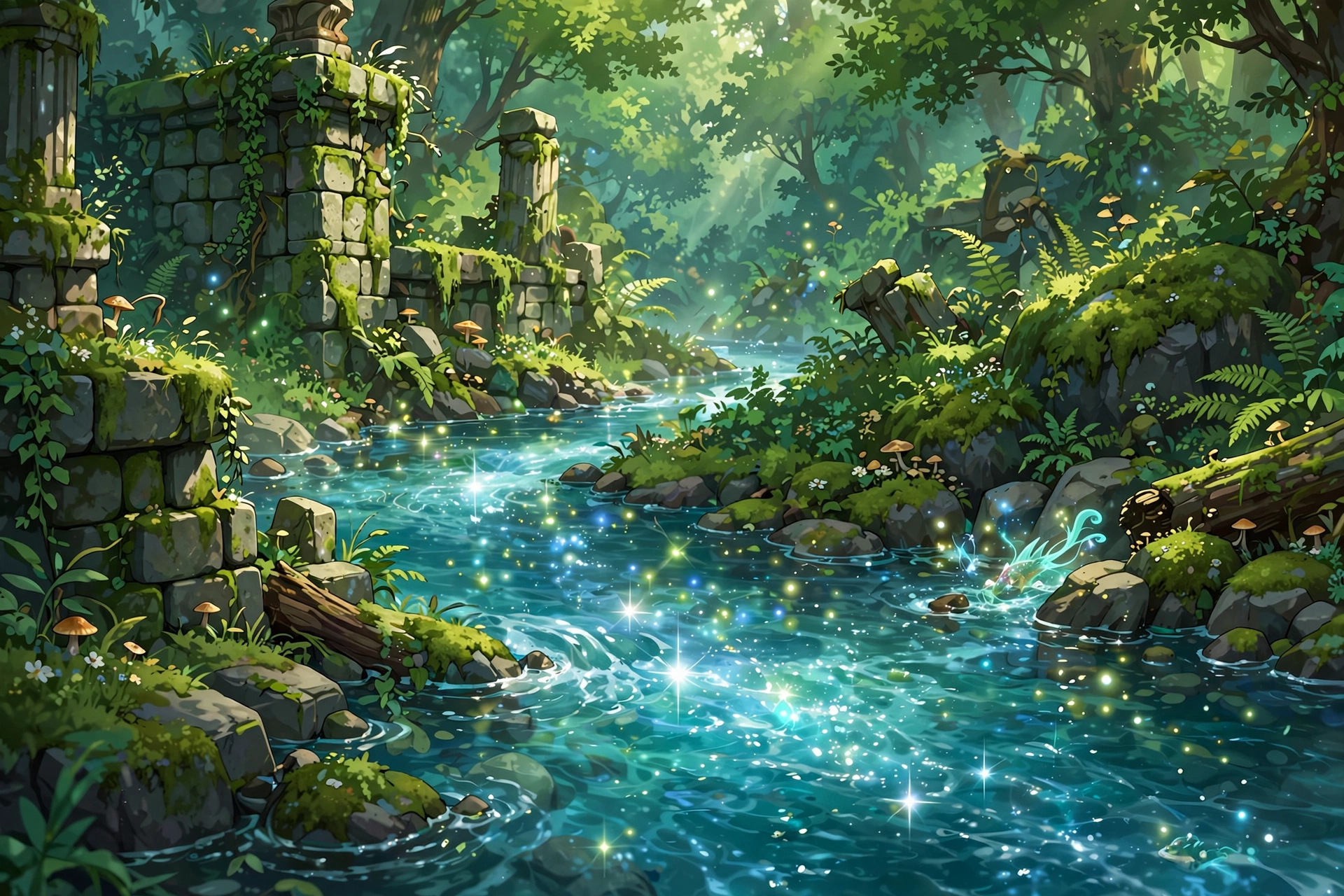 Hidden Viridian River sparkling at sunset with glowing lights above water