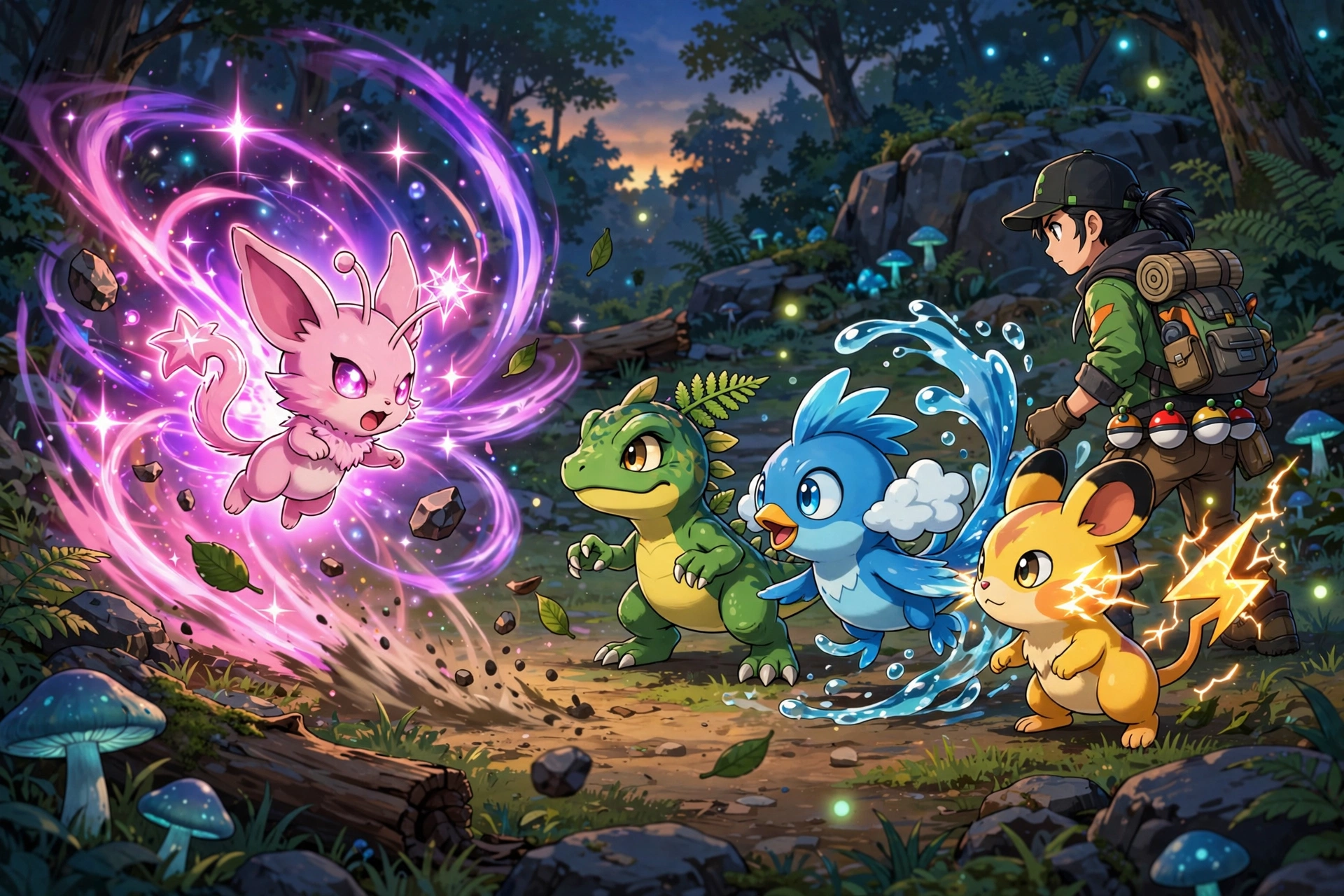 Pink mythical creature battling a trainers team with glowing psychic energy