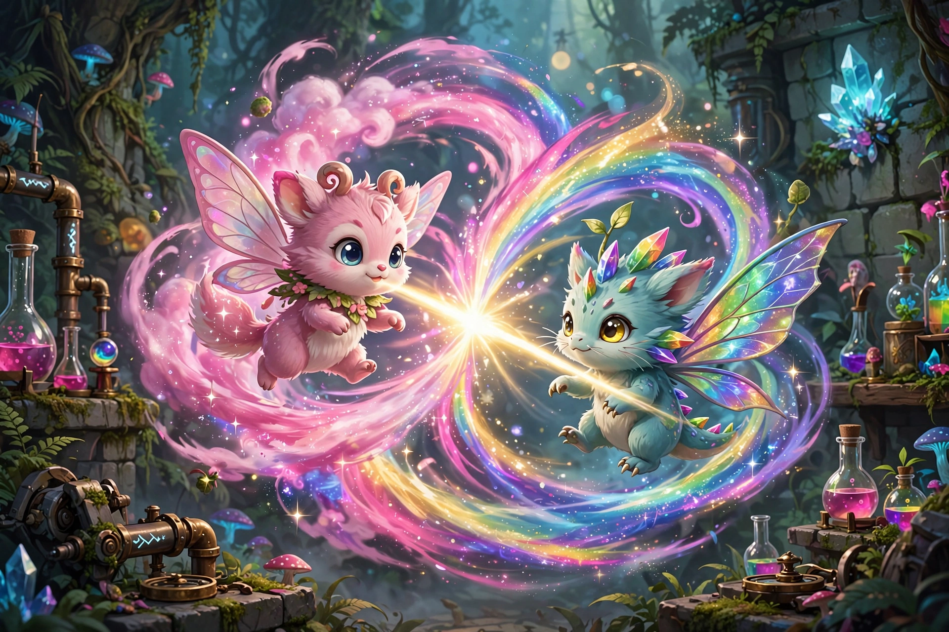 Two fantasy creatures swirling together in a glowing rainbow fusion beam