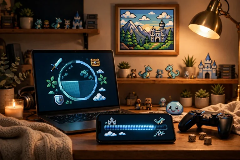 Gaming setup with laptop and smartphone downloading game