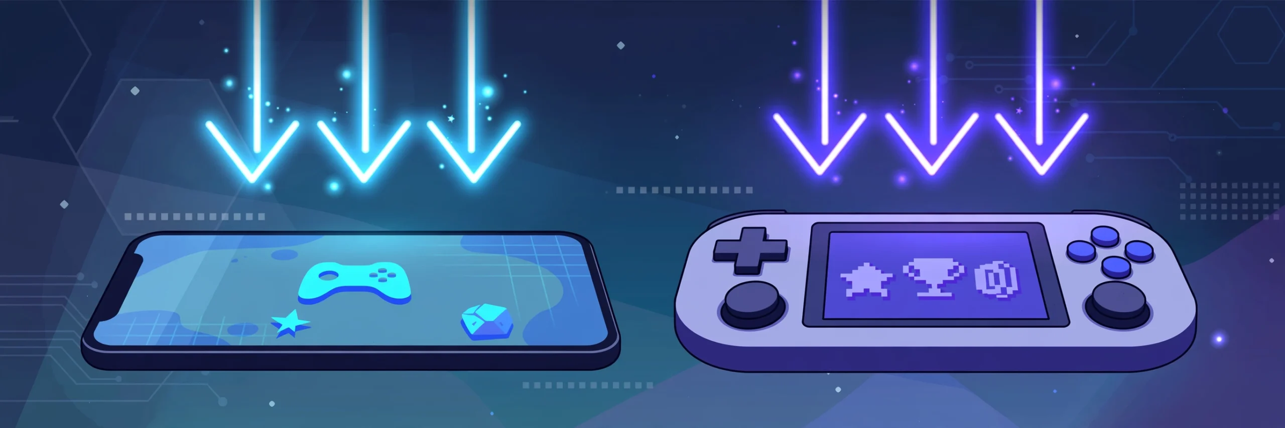 Smartphone and handheld device with glowing download arrows