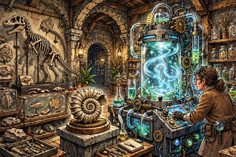 Museum fossil laboratory with dinosaur fossils and a revival machine