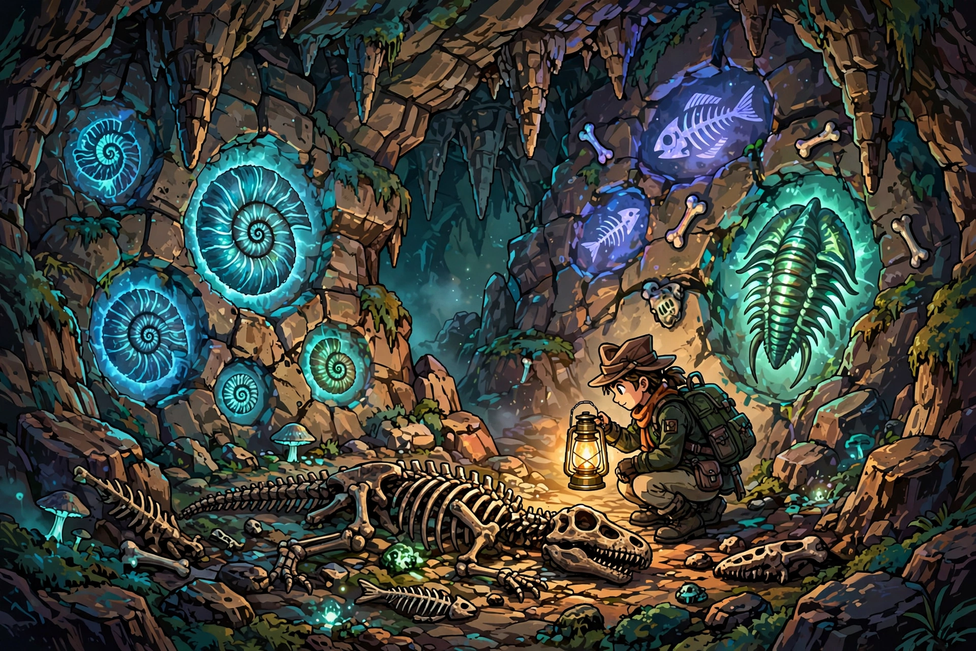 Trainer examining glowing ancient fossils embedded in cave walls