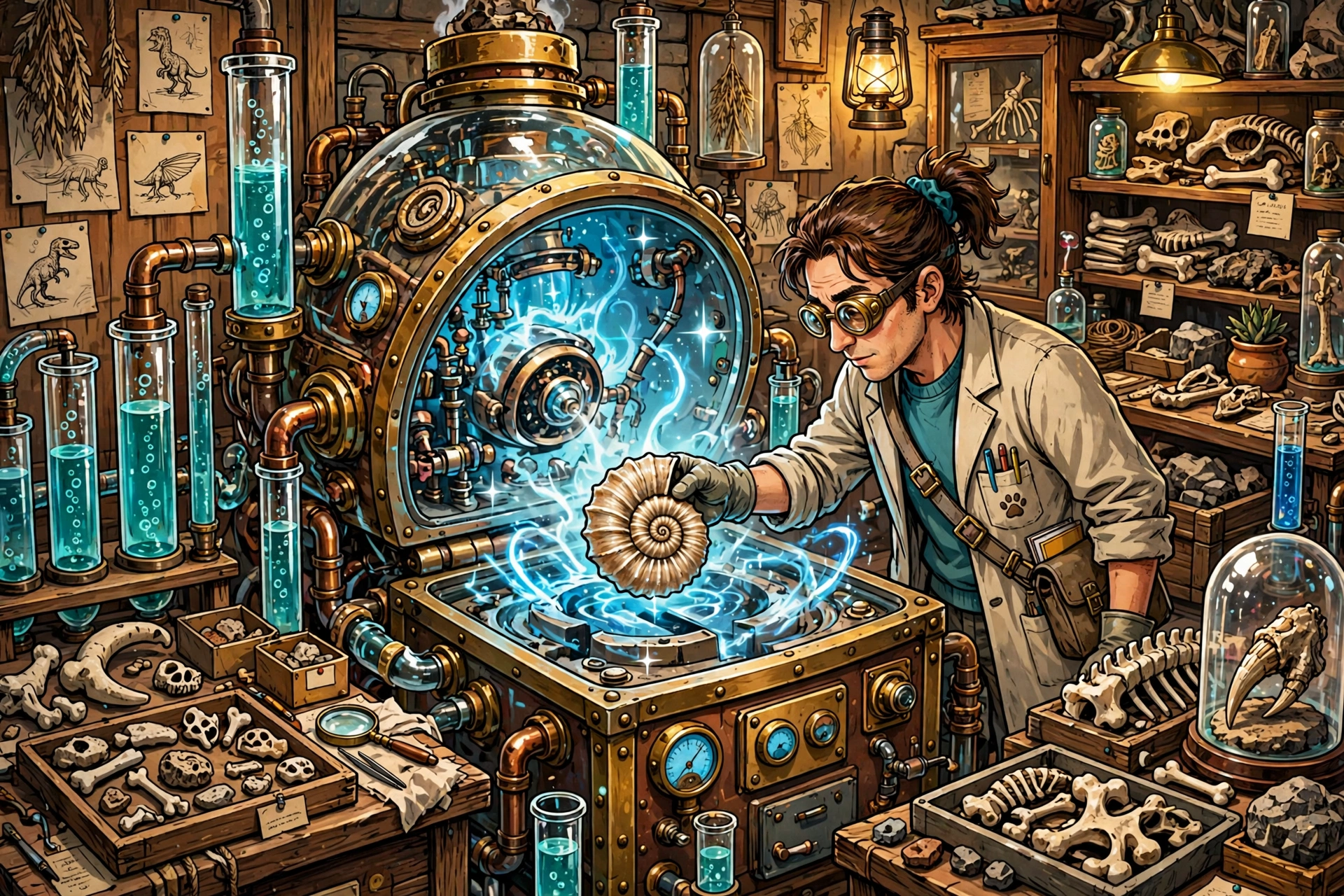 Scientist placing a spiral fossil into a glowing museum revival machine