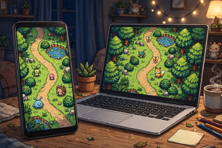 Android smartphone and laptop displaying a creature collecting RPG game world