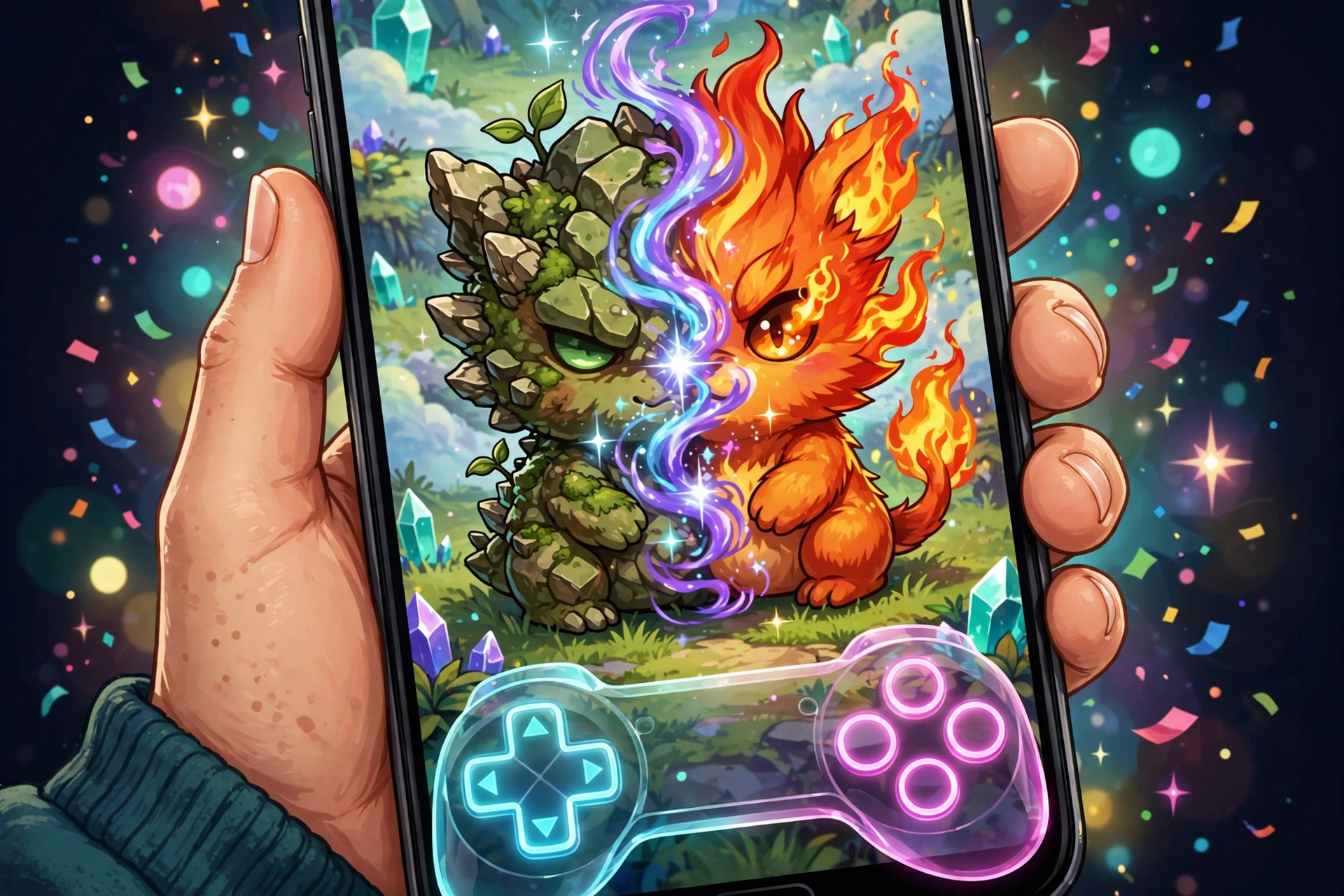 Hand holding smartphone with virtual gamepad overlay showing creature battle scene