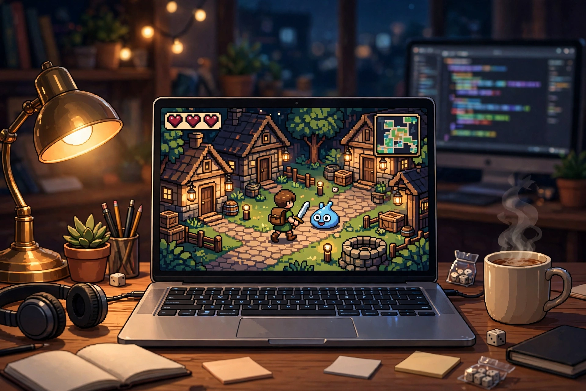 Laptop at night running pixel art creature RPG with hero in town
