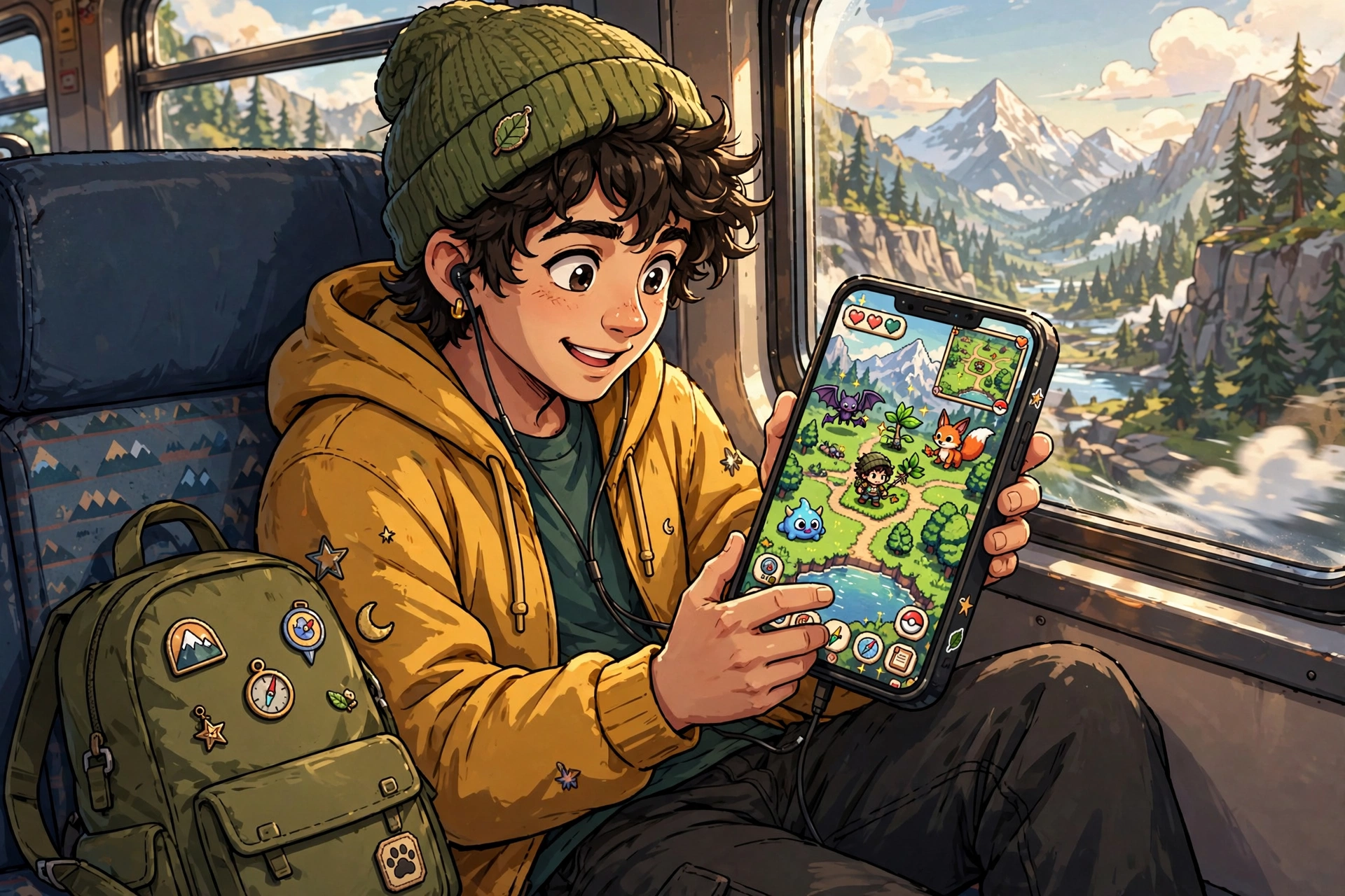 Traveler playing creature collecting RPG on phone by train window